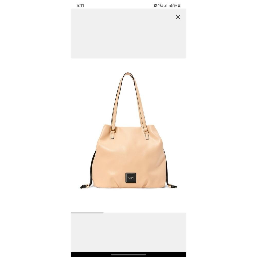 Victoria's Secret Beige Drawstring Tote Bag Faux Leather Shoulder Bag Logo Patch - Picture 5 of 5